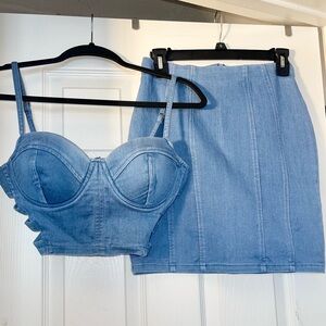 Two piece stretchy Haute Monde light blue denim crop top mini skirt set